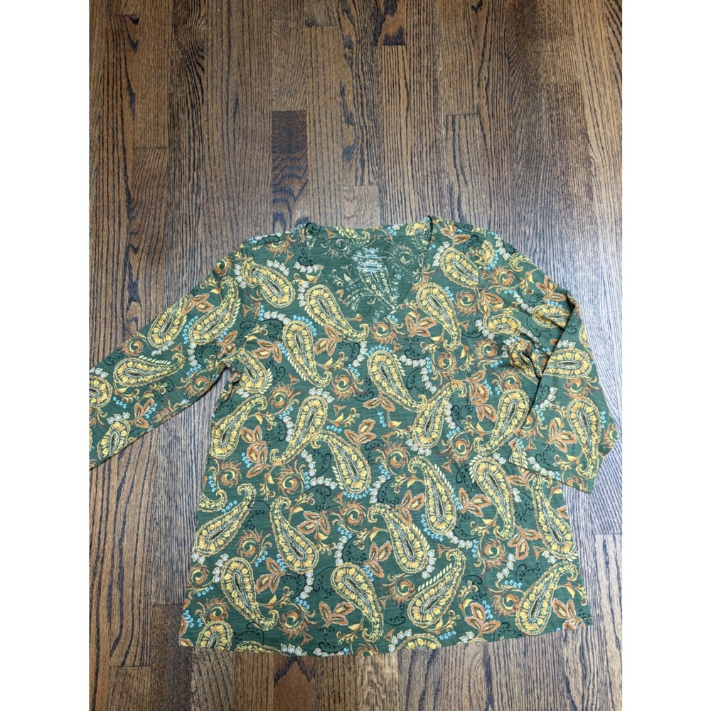 Pure Jill Slub Tee Women Small Green Paisley V-Neck 3/4 Sleeve Boho Botanical